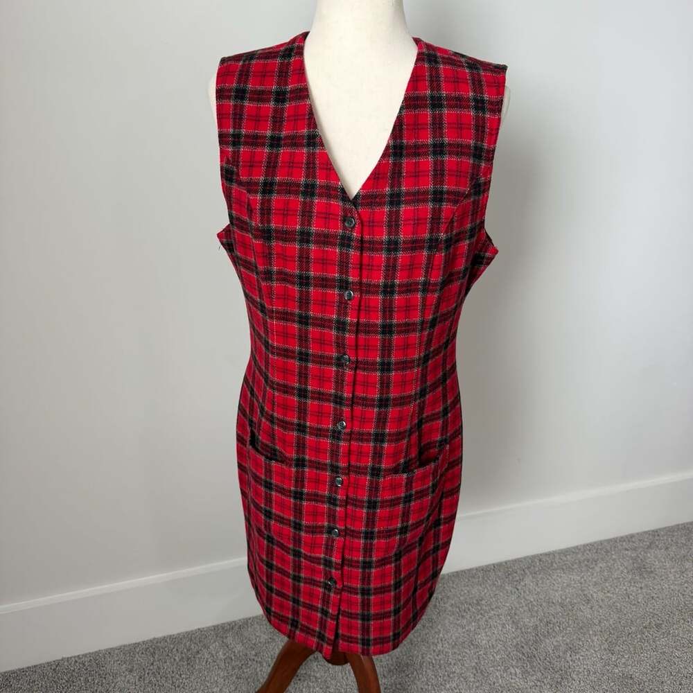 Eddie Bauer Plaid Wool Dress Size 8 Red Black Tartan Button Front Vintage